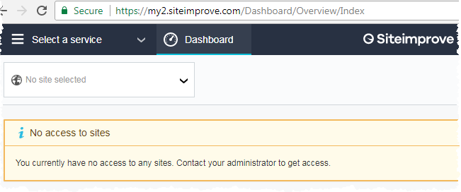 Picture of Siteimprove 1st time log in showing the message "No access to sites"