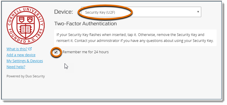 U2F security key selected during Two-Step Login authentication prompt