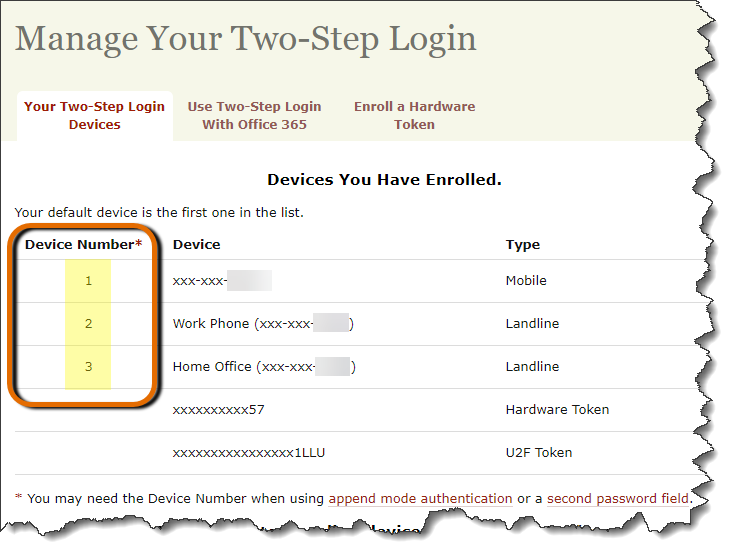 Manage Devices screen with Device Number column highlighted