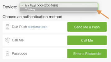 Two-Step Login authentication prompt with security key selected from the Device drop-down list