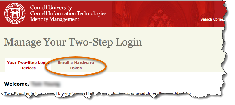 Picture of the Manage Devices screen with the Enroll a Hardware Token tab circled