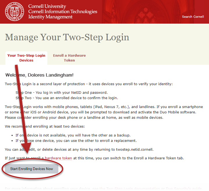 Manage Your Two-Step Login webpage showing button titled Start Enrolling Devices Now