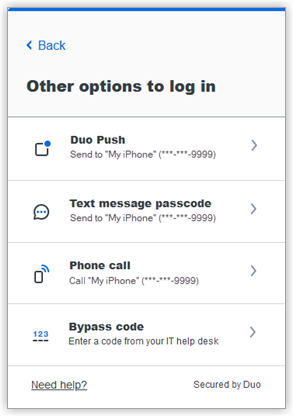 The Other options to log in panel shows available authentication methods for the devices you have set up.