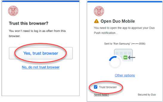 The Trust this browser dialog shows a large button labelled "Yes, trust browser" - in further authentications, the Universal Prompt shows a checkbox labelled "Trust browser"