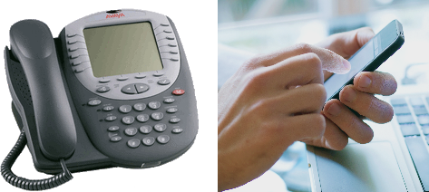 Images of typical desk phone and hands holding a smartphone