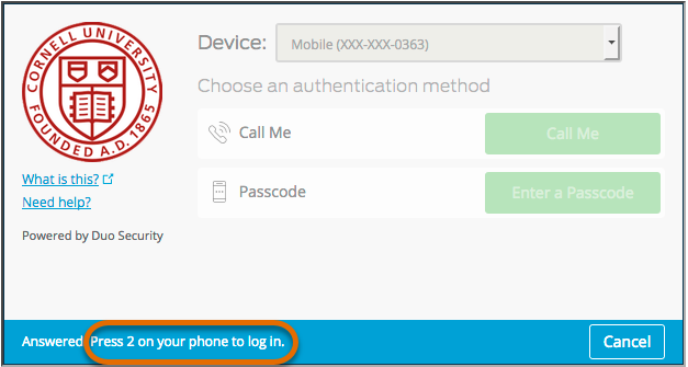 Picture of Two-Step Login authentication prompt with number to press circled