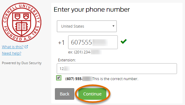 Phone entry form with phone number and extension entered, phone number verification box checked, and continue selected