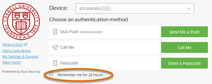Picture of Two-Step authentication prompt with Remember me for 24 Hours circled