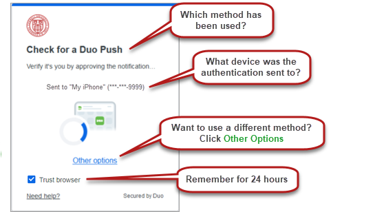 Duo Universal Prompt showing authentication method, device sent to, Other options link, and Trust browser checkbox