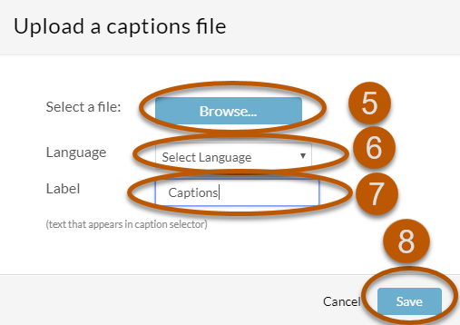 Upload Captions box with Browse a file, Language, Captions label, and Save selected in that order