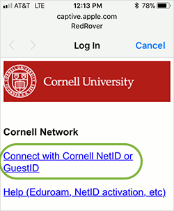RedRover - Connect with Cornell NetID or GuestID