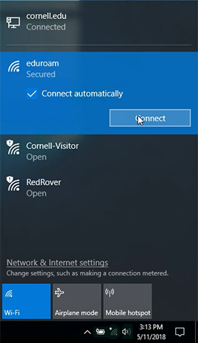 Windows 10 network panel showing networks, including eduroam
