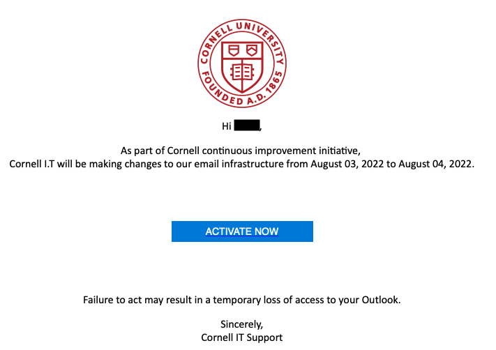 A fake Cornell University-branded IT notification prompting the recipient to "activate now" to retain access to Outlook