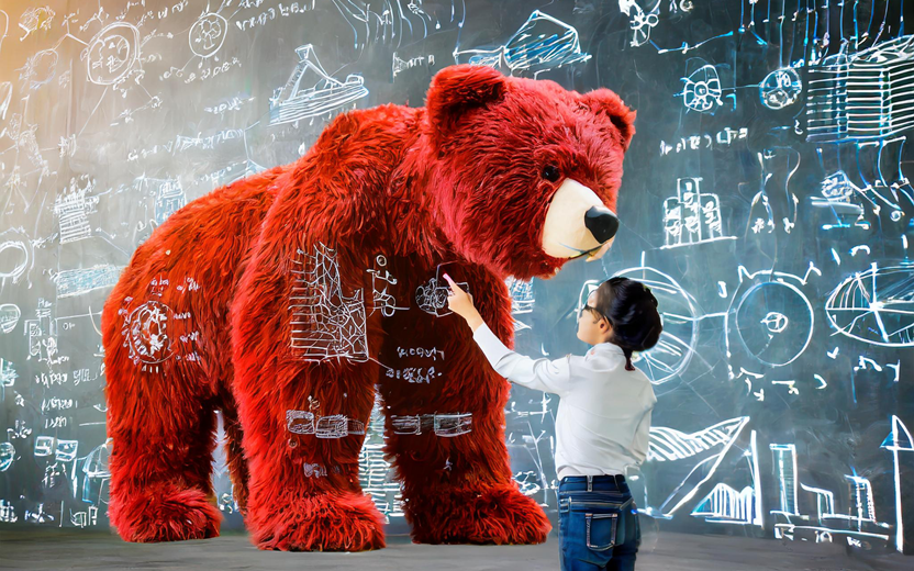 Student using AI with a big red bear