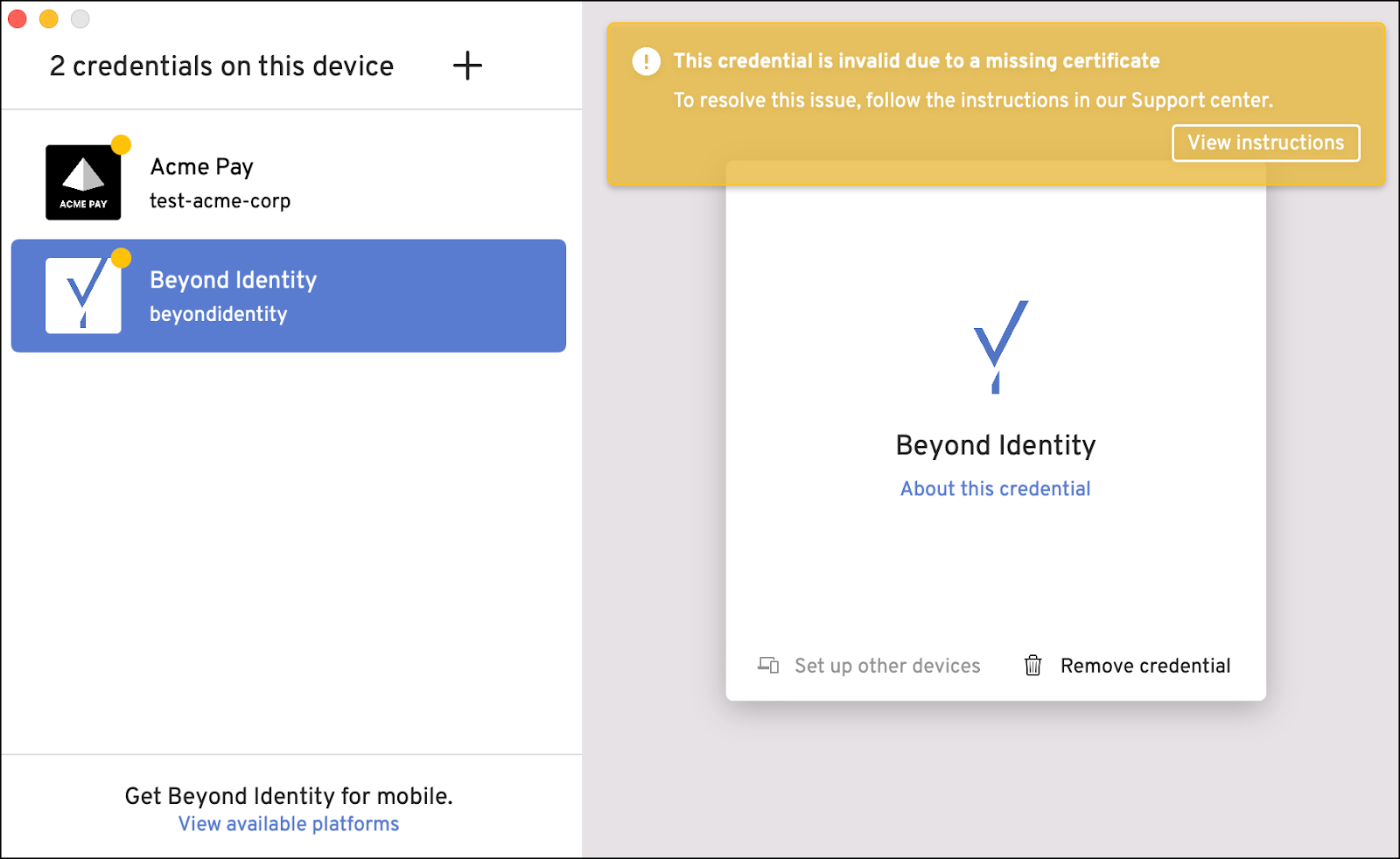 This credential is invalid due to a missing certificate warning appears in yellow