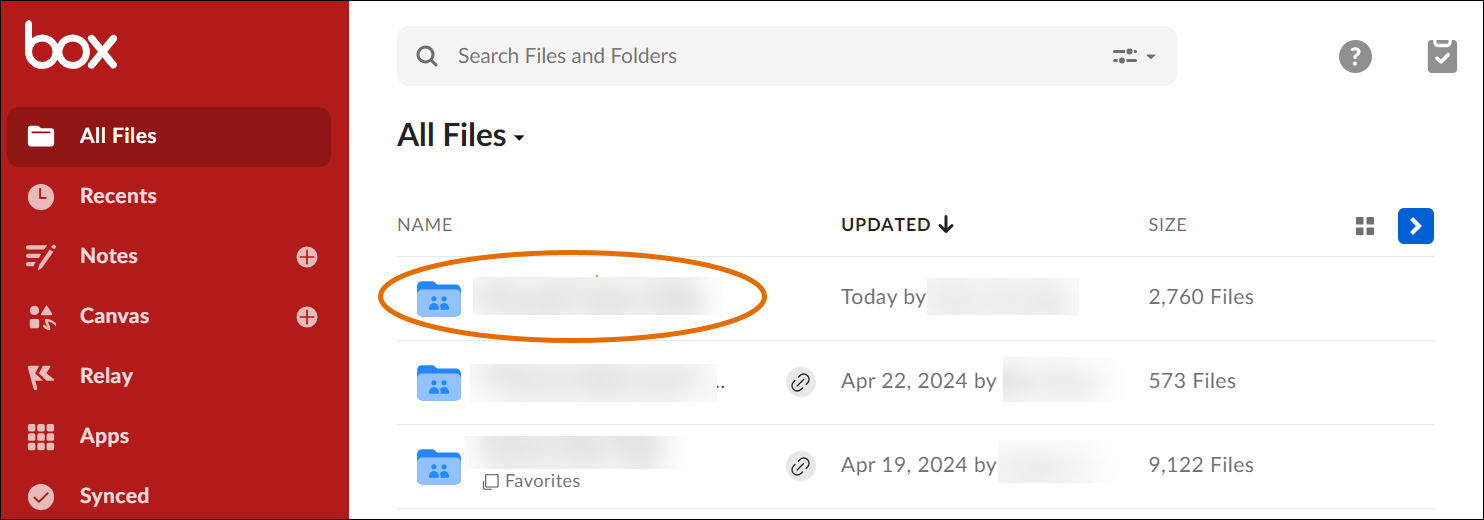A shared folder in Box, circled with an orange ellipses.