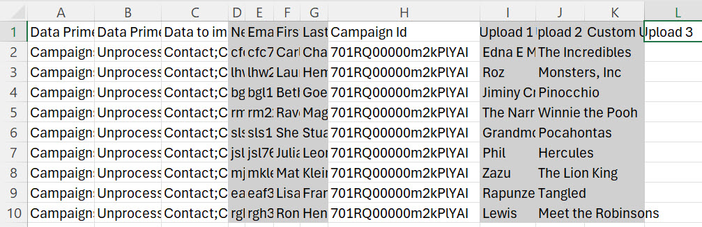 example of a completed CSV file of data