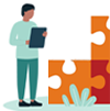 A person holding a clipboard looks at a piece of a puzzle