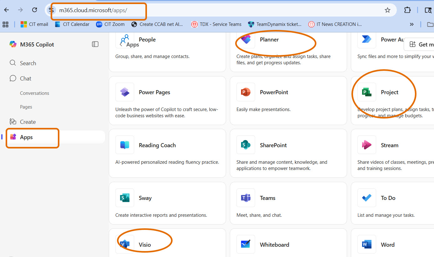 Cloud apps for Microsoft Planner, Project, and Visio contain the same features as the desktop client.