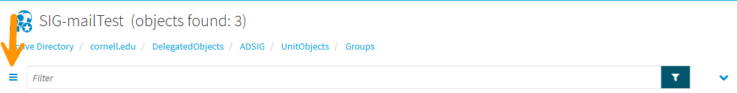Arrow pointing to hamburger menu icon to the left of Filter bar.