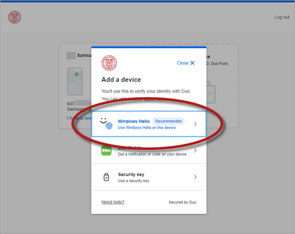 Duo device management showing Add a Device dialogue and Windows Hello listing highlighted