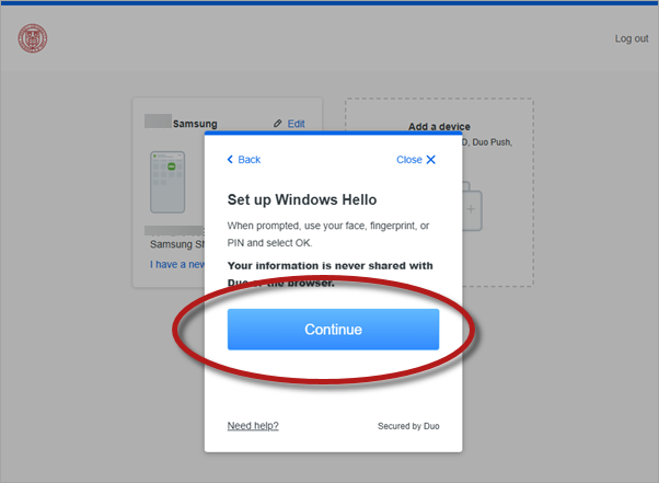 Duo device management site with Set Up Windows Hello dialogue shown and blue Continue button highlighted