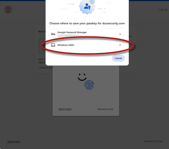 Windows passkey save dialogue with Windows Hello selection highlighted