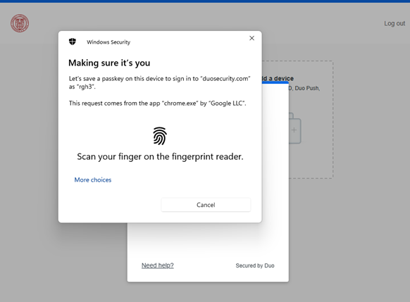 Windows security dialogue requesting user scan fingerprint