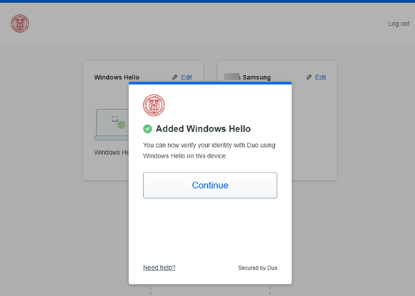 Duo Added Windows Hello confirmation dialog with Continue button shown