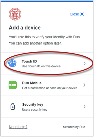Duo Add a Device screen showing Touch ID, Duo Mobile and Security key options, with Touch ID option highlighted