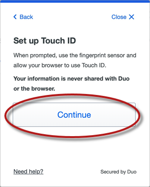 Duo Set up Touch ID screen showing Countinue button highlighted.