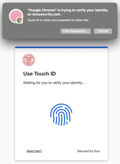 Duo Use Touch ID screen showing fingerprint icon and browser message to use the Touch ID method or enter a device password.