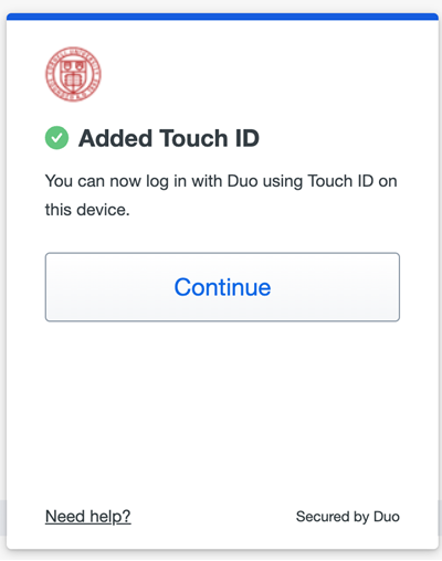 Duo Added Touch ID screen confirming method added showing Continue button