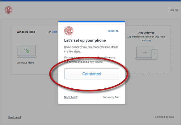 Duo prompt titled Let's set up your new phone with button titled Get Started highlighted