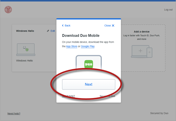 Duo prompt labelled Download Duo Mobile with the button Next highlighted