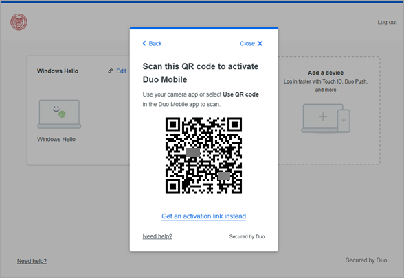 Duo prompt labelled Scan this QR code to activate Duo Mobile with a QR code shown as well as a link, Get an activation link instead