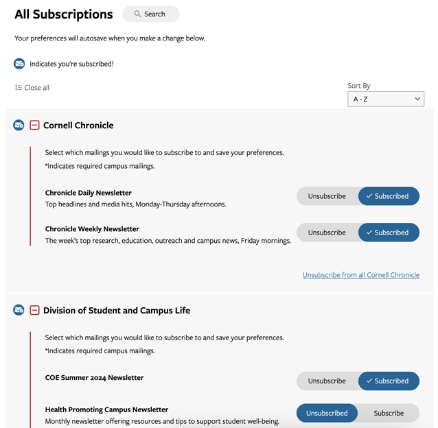 Preference Center interface showing All Subscriptions screen and a listing of titles with toggle buttons indicating gray for Unsubscribed and blue for Subscribed