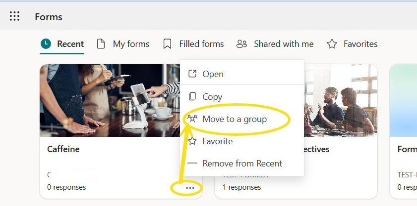 Screenshot of cards for several forms in the online Microsoft Forms workspace.