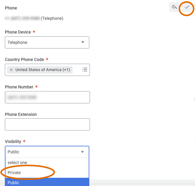 Step 5 to change privacy flag for phone number in Workday