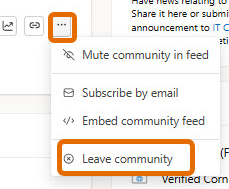 The option to leave a Viva Engage community is found under the three vertical dots.