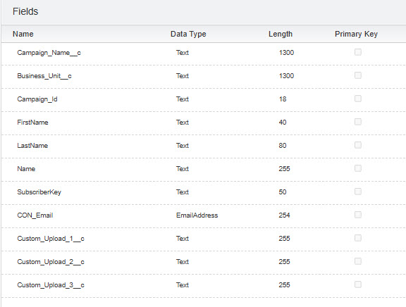 a screenshot showing fields in a Salesforce Marketing Cloud data extension