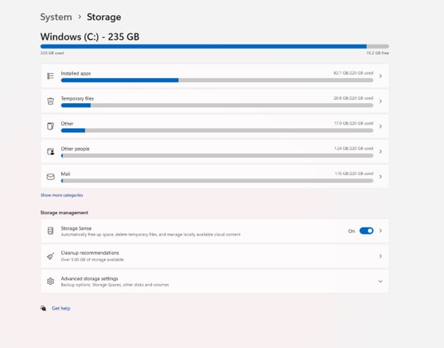 Screenshot of Microsoft system storage usage, showing GB used across different categories of storage.