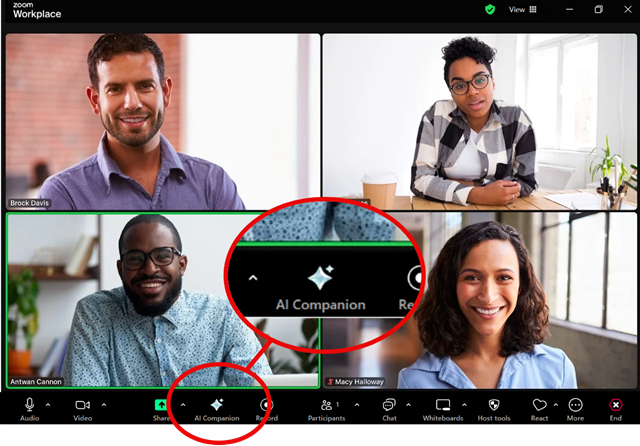 Zoom meeting screen with magnified view of AI Companion button showing "sparkle" icon - large four-pointed light blue star with smaller star beside it