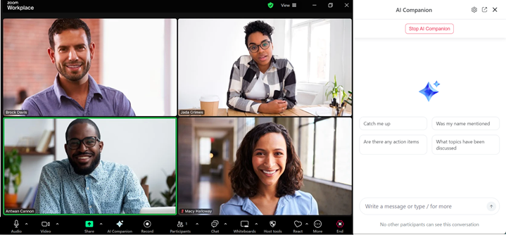 Zoom meeting screen showing AI Companion panel open to the right with blue AI sparkle icon, provided question prompts, and Stop AI Companion button.