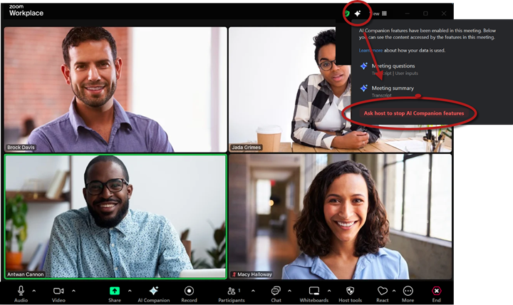 Zoom meeting screen showing AI spark icon at top and AI Companion information panel with link to Ask host to stop AI Companion features highlighted