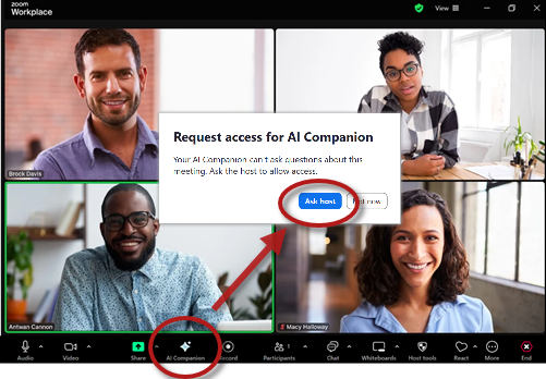 Zoom meeting window with AI Companion button highlighted and pop-up dialog showing button to Ask Host highlighted