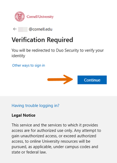 Orange arrow pointing to "Continue" button on Duo Verification Required prompt.