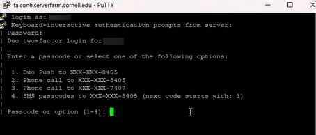 PuTTY window prompting for duo/two-step login authentication method.