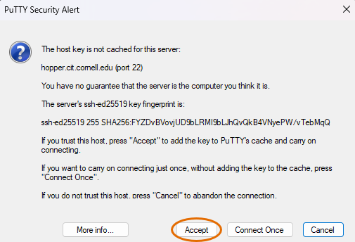 PuTTY security alert with Accept button circled.