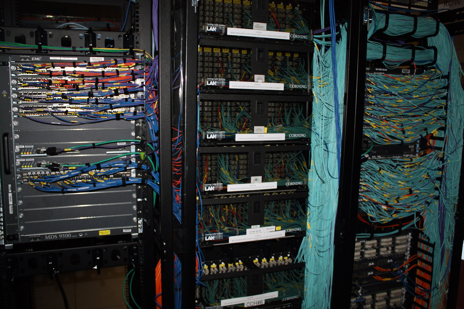This photo shows the heart of CIT's storage network in 2011, just after adding a new SAN director (far left) to handle growing data demands.